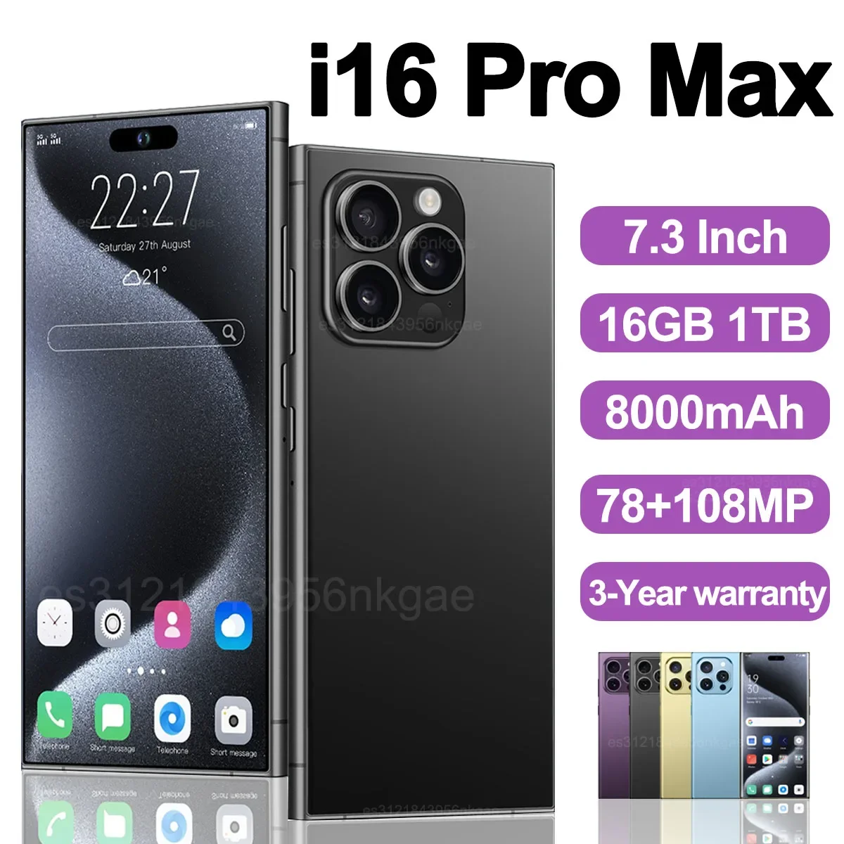 Original i16 Pro Max Smartphone 5G 7.3inch Snapdragon 8gen3 16GB+1TB Cell Phone Dual SIM MobilePhones 8000mAh Android 14 NFC