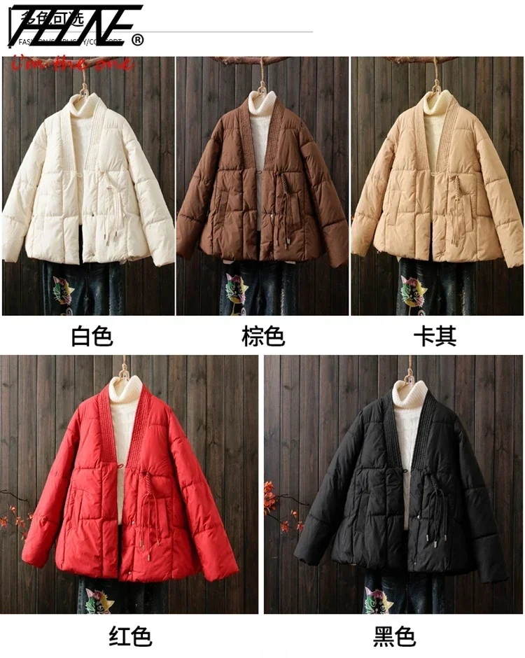 THHONE Winter Jacket Women Coat Parkas Padded Cardigan Thicken V-Neck Vintage Chinese Style Disc Buckle Casual Solid Outerwear