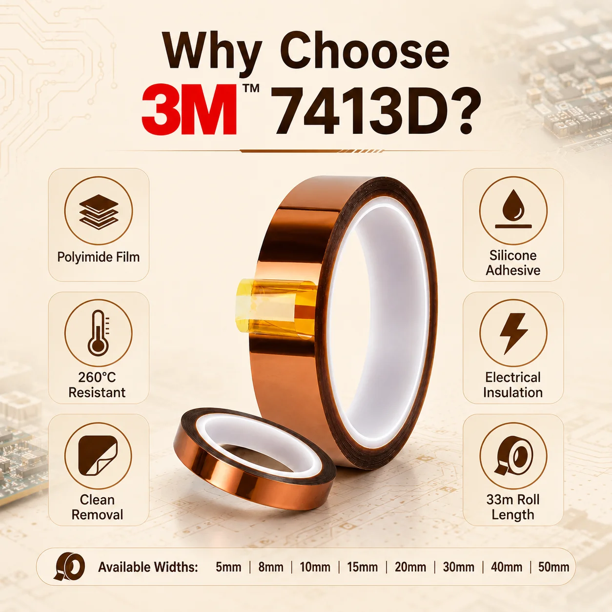 3M 7413D Polyimide Tape High Temperature Heat Resistant Electrical Insulation For PCB Solder Masking Gold Finger 5-50mm x 33m