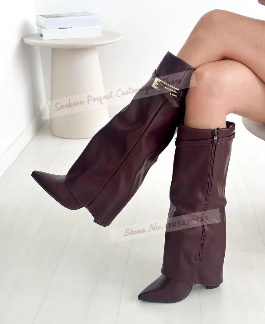 Wine Red Matte Leather Square Heel Knee High Boots Gold Metal Buckle Belt Strap Autumn Winter Shoes Pointed Toe Turn Over Boots
