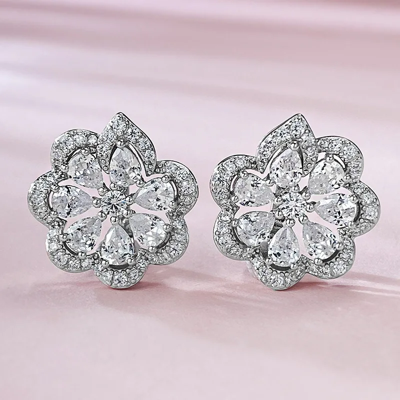 High carbon diamond earrings S925 sterling silver lace flower earrings, fashionable evening style flower small flower earrings