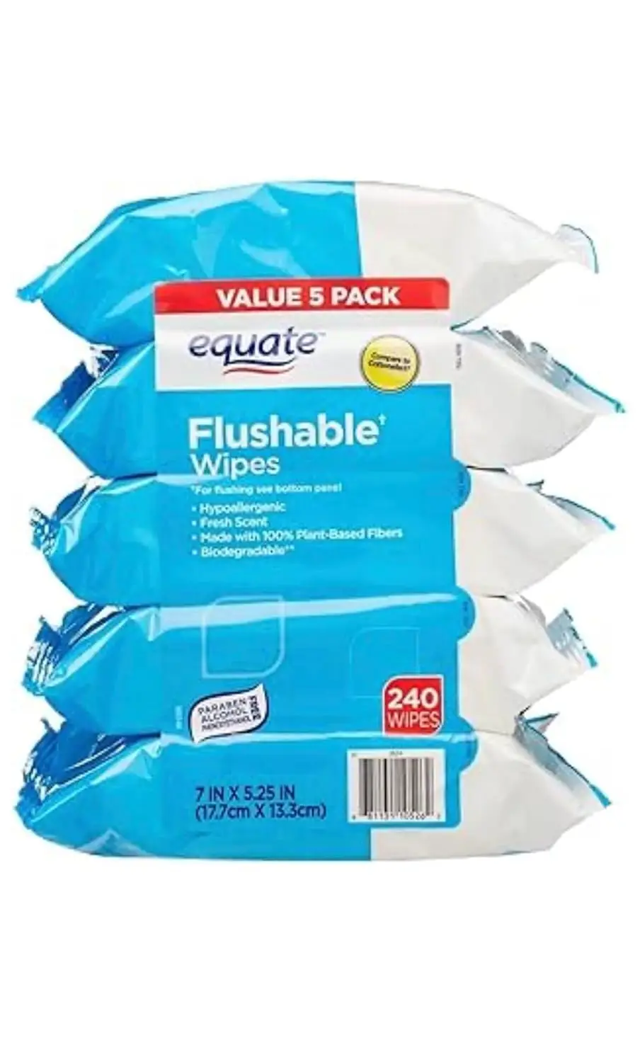 

Flushable Wipes, Fresh Scent, 5 Packs of 48 Wipes, 240 Wipes Total