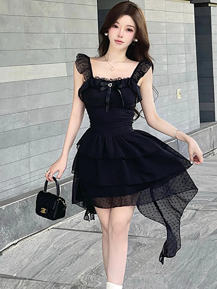 Feminino coreano vintage bodycon lolita estilo vestido de verão preto arco renda chique malha estilingue vestido sexy 2025 elegante vestido de festa causal