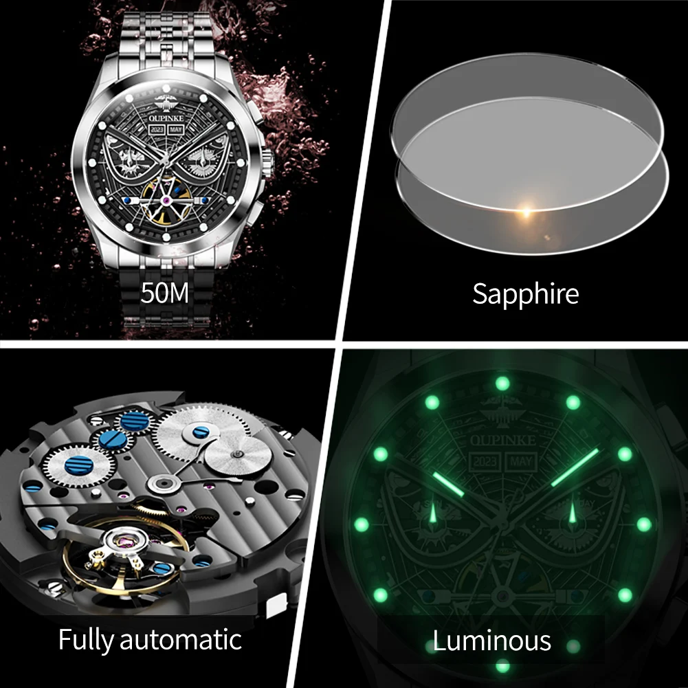 OUPINKE 3250 Spider Design Automatic Mechanical Watch for Men Hollow Out Sapphire Mirror Waterproof Luminous Men's Wristwatches