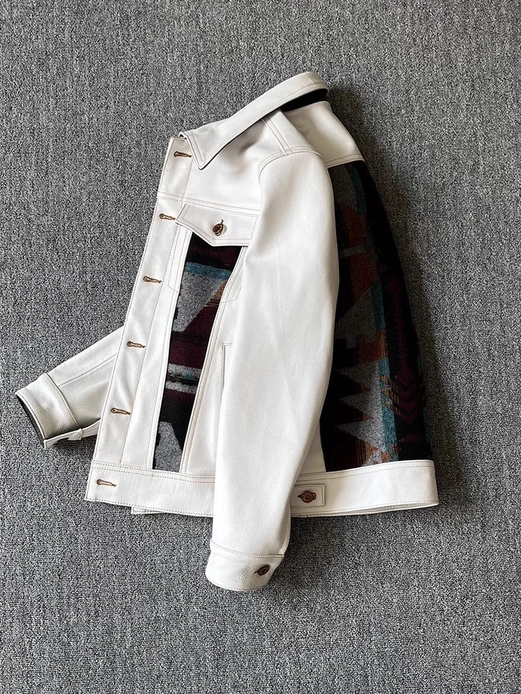 أزياء رجالي الخريف موتو السائق جلد البقر سترة جلدية حقيقية واحدة الصدر خمر نمط المرقعة معطف العمل حجم كبير 5XL