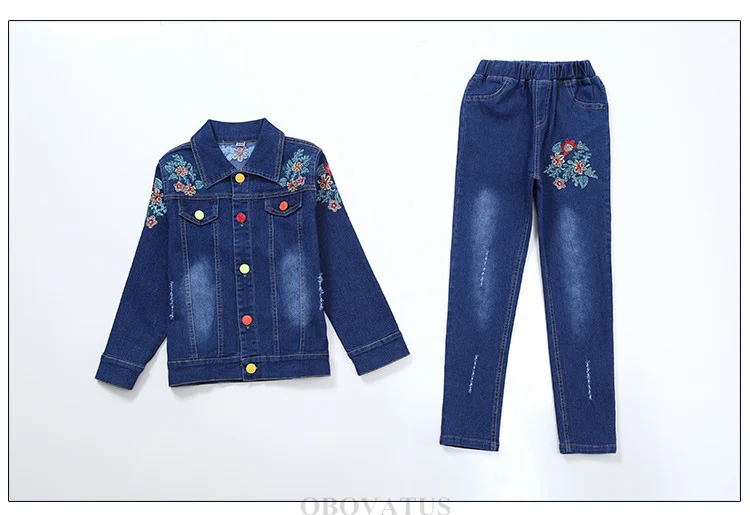 Modisches Kinder-Mädchen-Denim-2-Teiler-Set: Jacke und Jeans mit Blumenstickerei, Vintage-Frühlingskleidung für Kinder – Detail 6