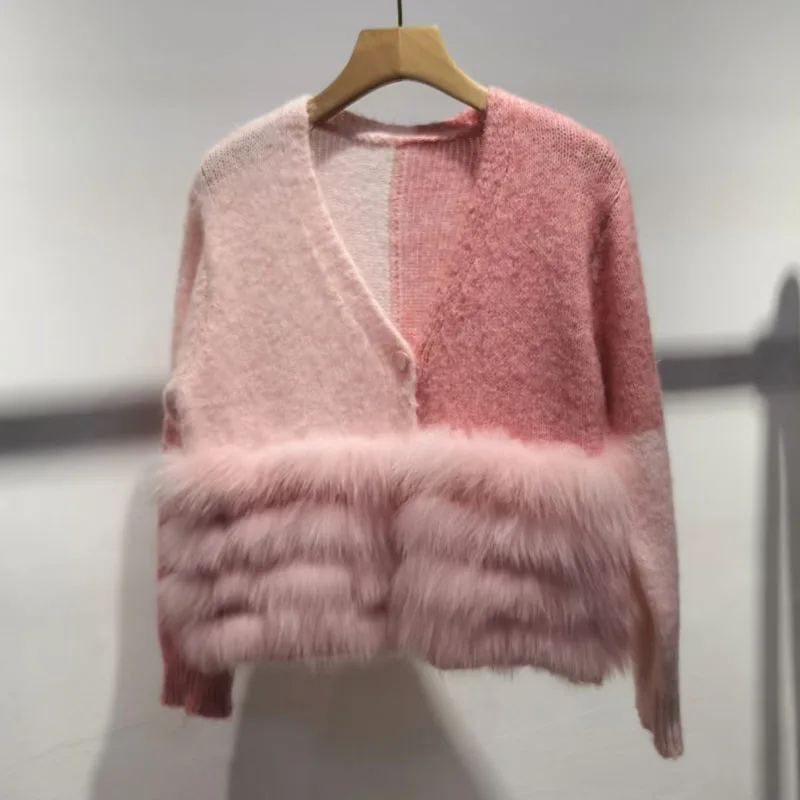 

Women Knitted Cardigan Coat With Real Fox Fur Long Sleeve Warm Autumn Knitwear Causal Chic Hit Color Female Jacket Outwear