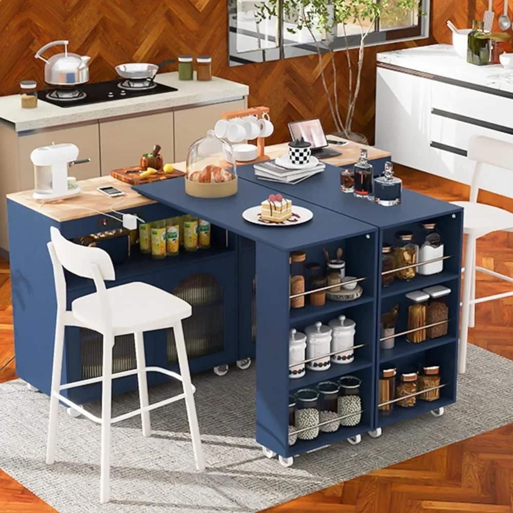 Rolling Kitchen Island Set with Extended Table & 3 Open Shelves - Navy for Dining Room & Living Room