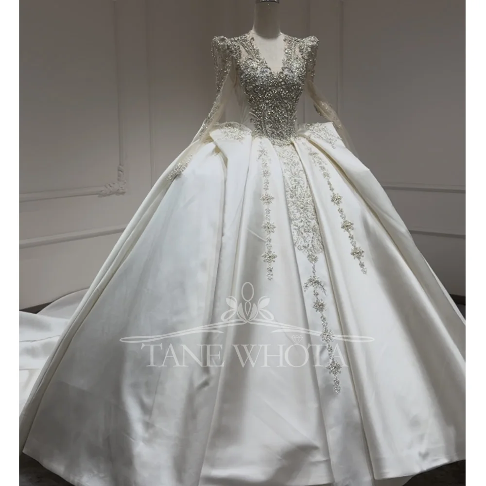 Anpassbares Prinzessin-Hochzeitskleid mit V-Ausschnitt, langen Ärmeln, Schnürung, Schlüsselloch-Rücken, Ballkleid mit perlenbesetzter Kristallstickerei