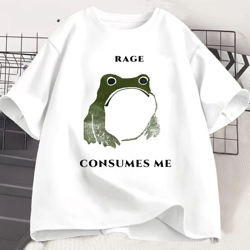Women T Shirts Funny Rage Consumes Me Frog Graphic T Shirts Vintage Cotton Short Sleeve Printed T-shirt Kids Clothes Streetwear