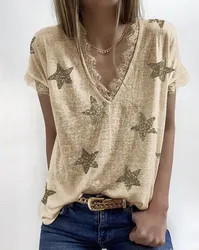 Camisa Sexy de manga corta con cuello de pico, blusa de oficina para mujer, moda informal de primavera y verano, camisas con estampado de estrellas sólidas para mujer, Top femenino 2024
