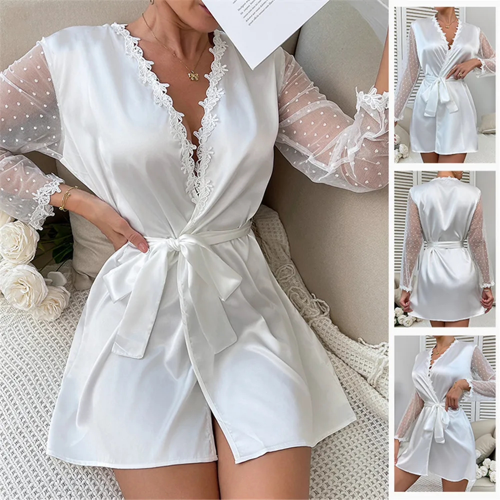 

White Lace Long Sleeve Kimono Bathrobe Summer Female Robe Nightwear Loose Silk Satin Home Dressing Gown Lounge Wear