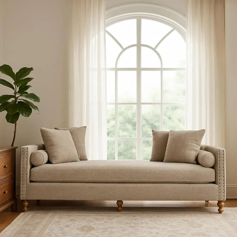 Espreguiçadeira grande de 75,2 polegadas, sofá-cama de chenille com braços capitonés e banco de quarto com 4 travesseiros