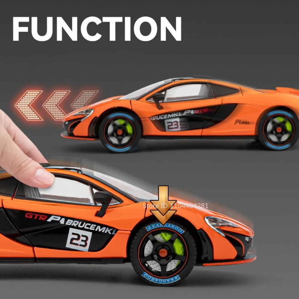 Coche deportivo de aleación fundida 1:24 P1 720S, modelo de juguete, sonido, luz, puertas extraíbles, coches en miniatura abiertos, adorno de moda para regalo de niño