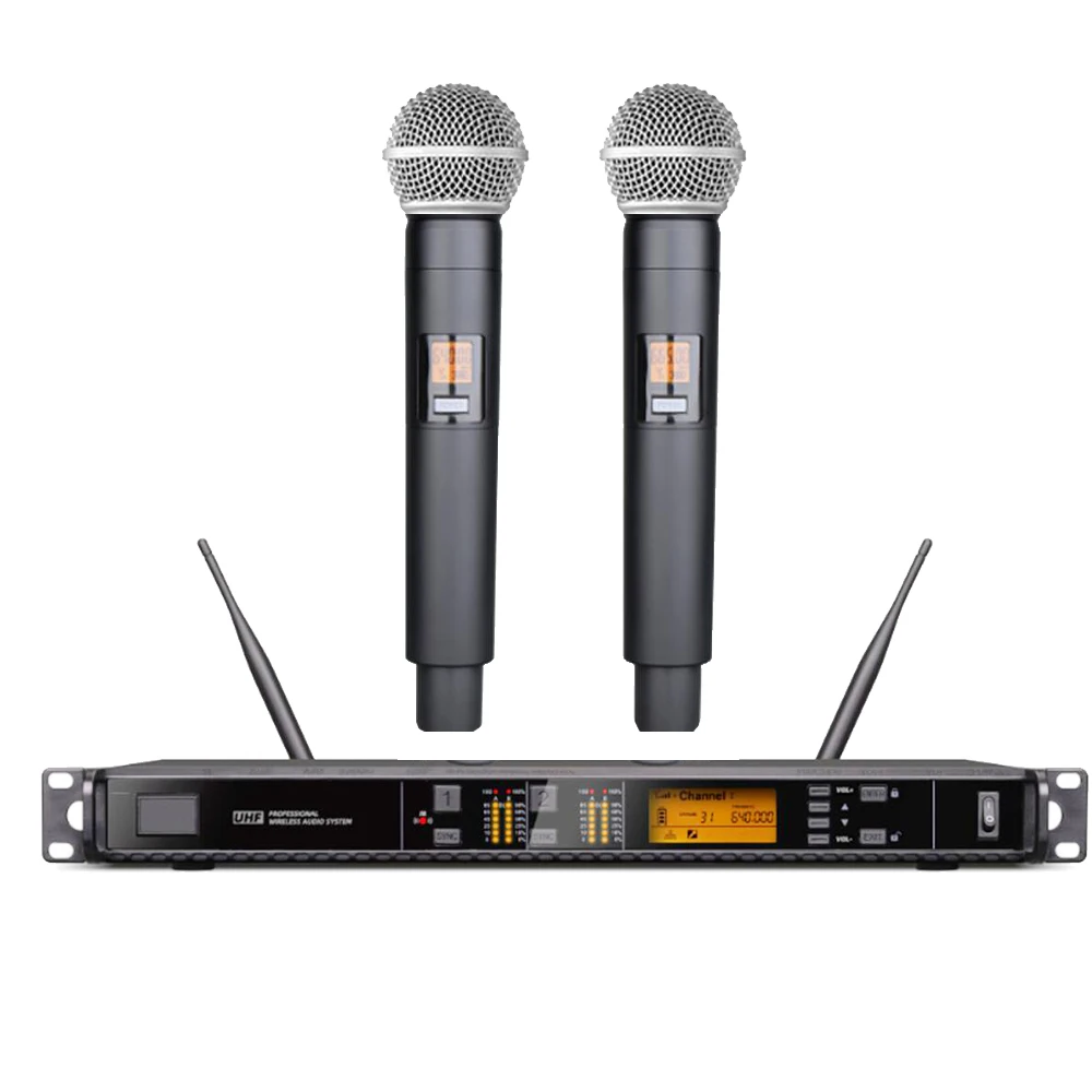 

New Advanced AD2D Wireless Microphone System 2 Cardioid Handheld DJ Karaoke Stage Performance Vocal Mics