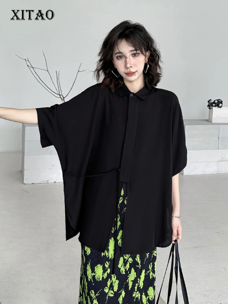 

XITAO Lace-up Slit Shirt Solid Color Loose Fashion Half Bat Wing Sleeve Top 2024 Summer New Simplicity Casual Women DMJ4065