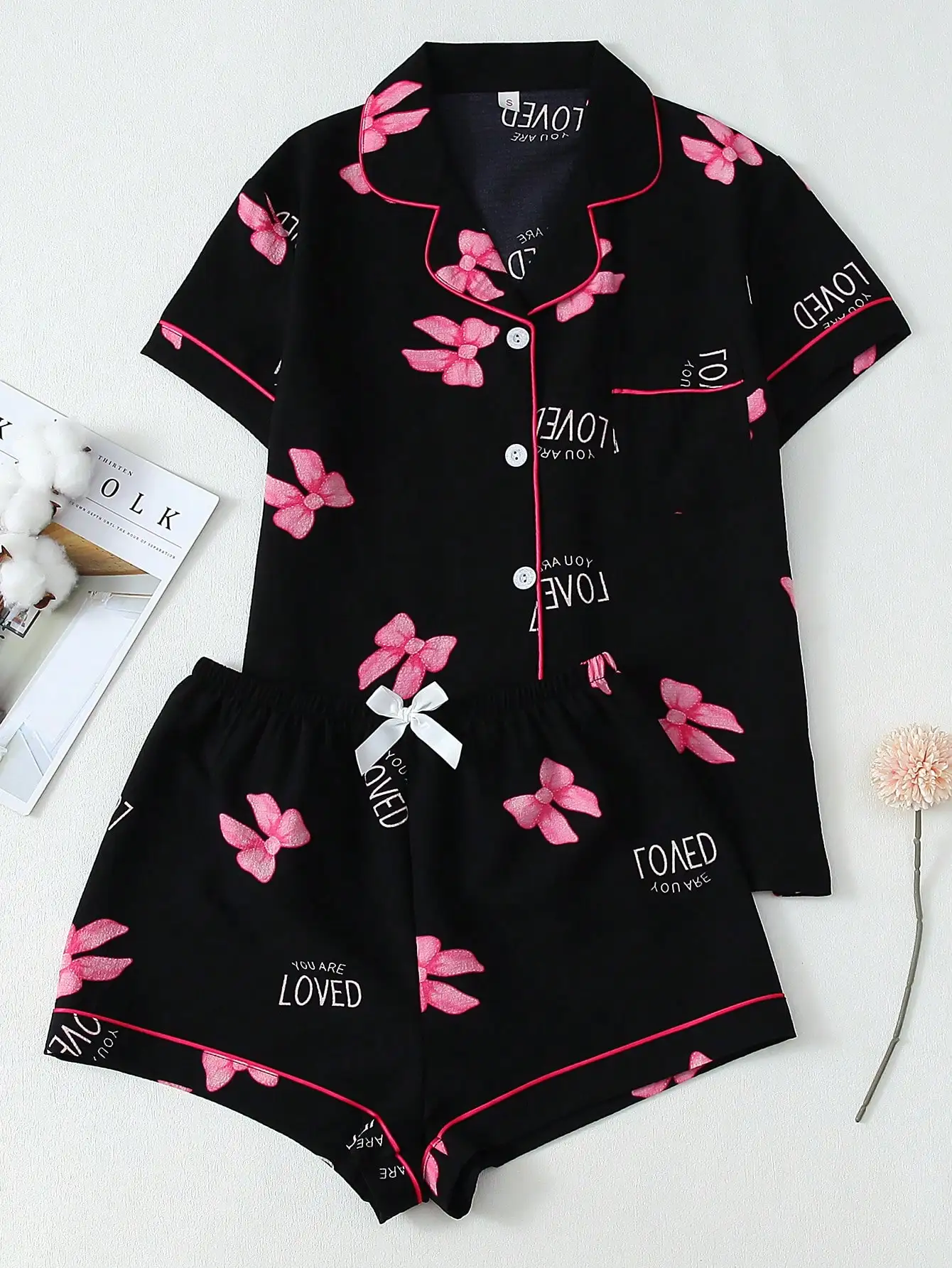 

Women's Black Pajama Set with Pink Floral & Text Print, Short Sleeve Button-Up Top and Shorts