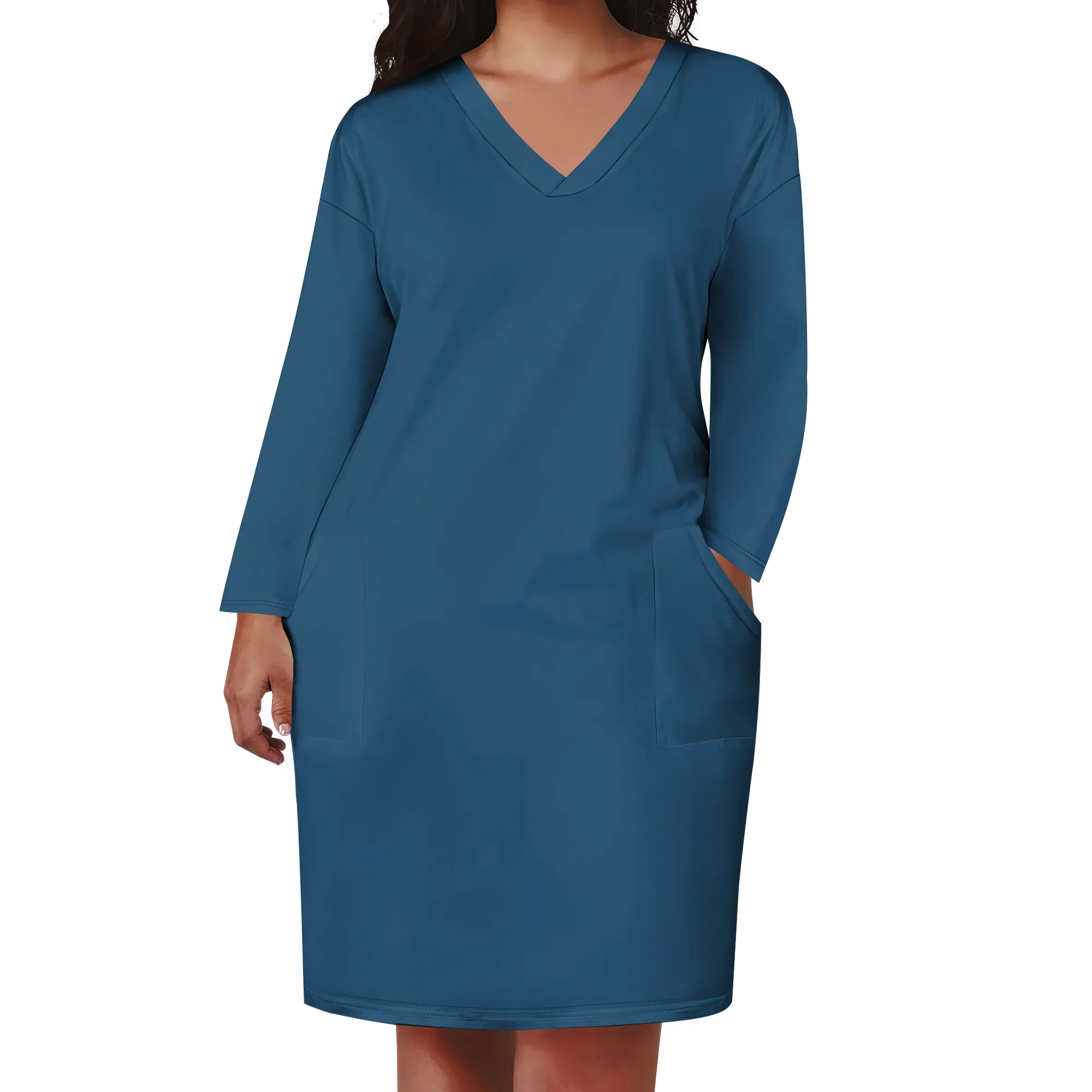 

Women Printed V Neck Long Sleeve Loose Tshirt Plus Size Dress with Pockets