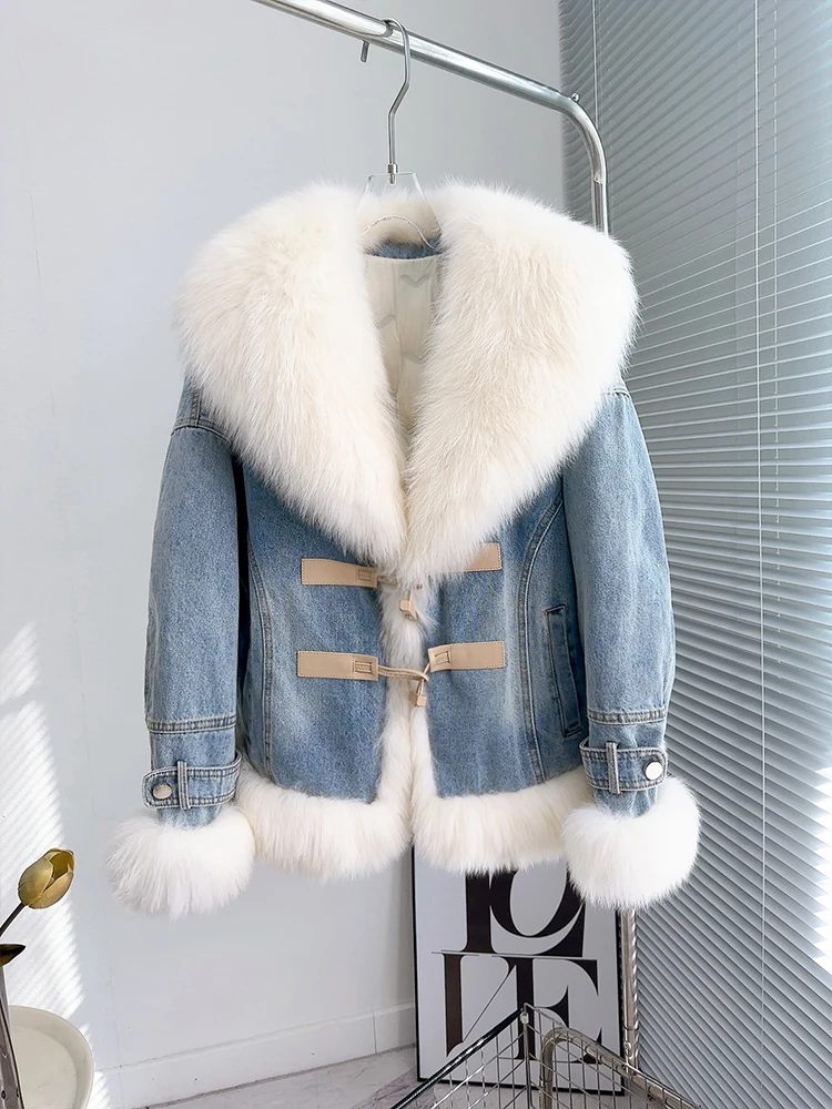 

Fur CoatNew Oversized Fox Fur Collar White Goose Down Down Liner Fur Denim System Overcome