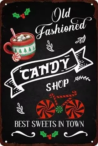 Old Fashioned Candy Shop Best Sweets In Town Metal Tin Sign Retro Christmas Wall Decor for Candy Station Vintage Art Coffee Bar