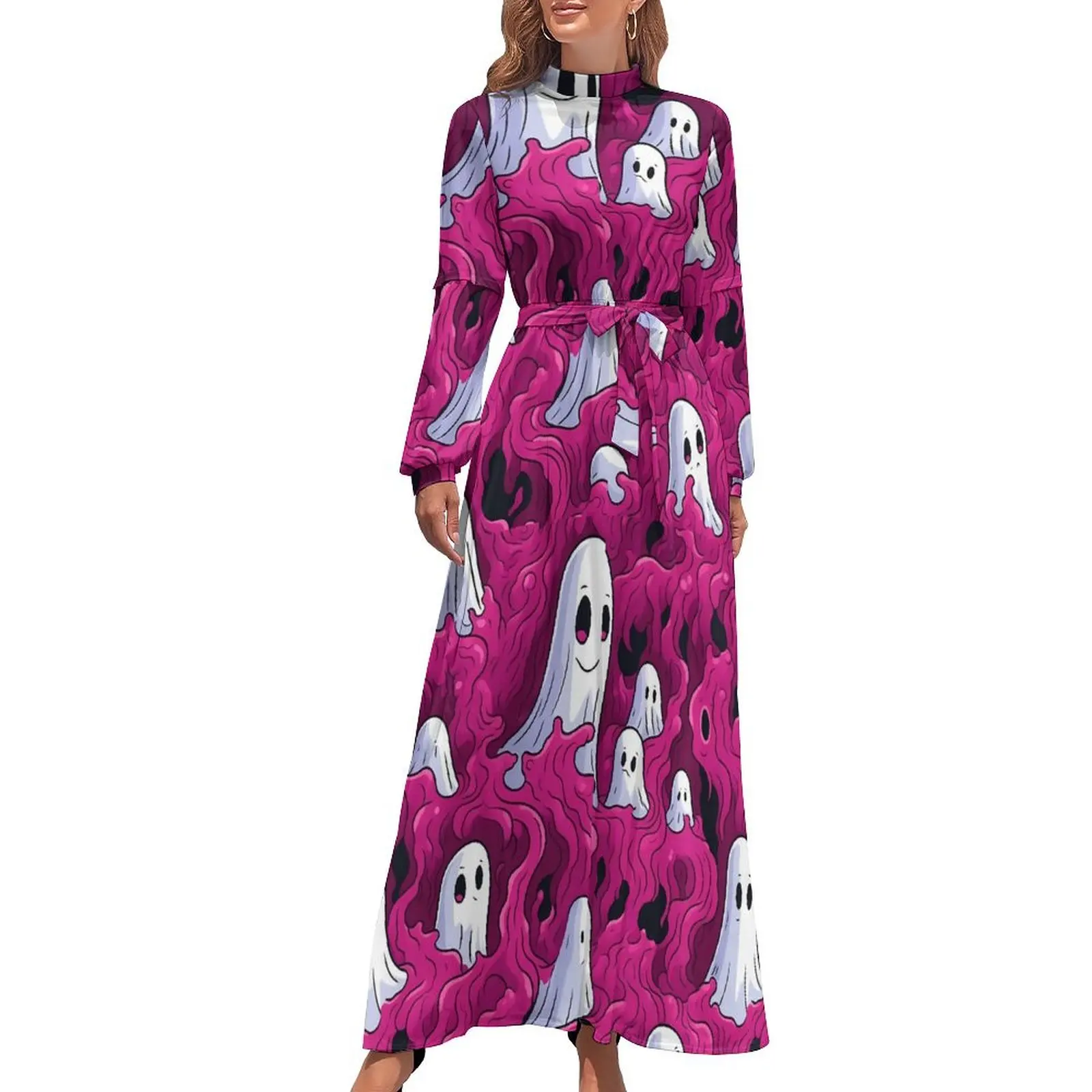 

Pink Ghost Dress Lovely Ghosts Print Street Wear Bohemia Dresses Ladies Long-Sleeve High Waist Sexy Long Maxi Dress