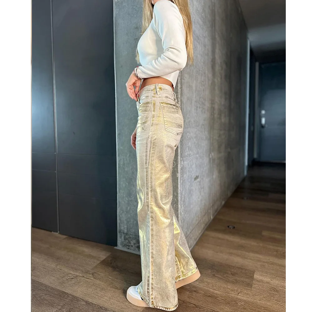 Fashion Metallic Denim Straight Jeans Wide Leg Women High Waist Loose Pants Y2K Oversize Denim Trousers Hip-hop Streetwear