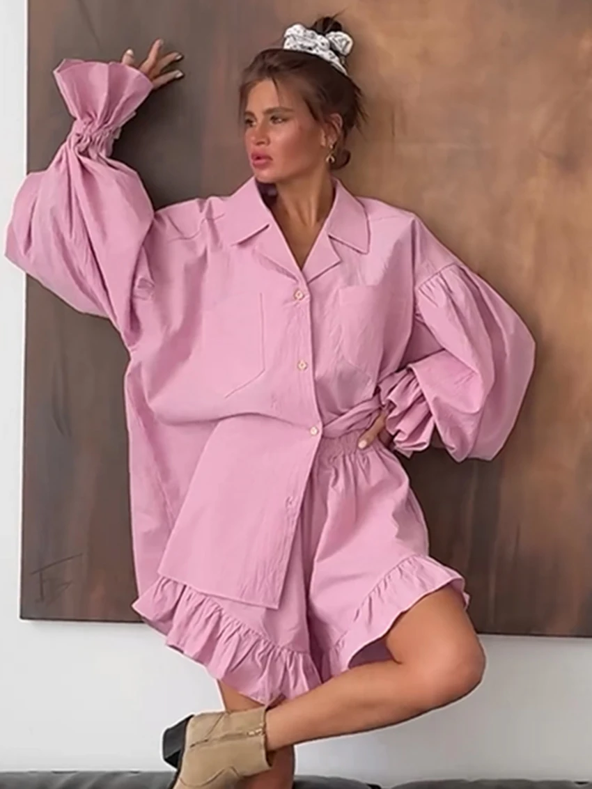 Marthaqiqi Loose Cotton Women Nightwear Suit Turn-Down Collar Nightie Long Sleeve Pajama Ruffle Edge Shorts Casual Sleepwear Set