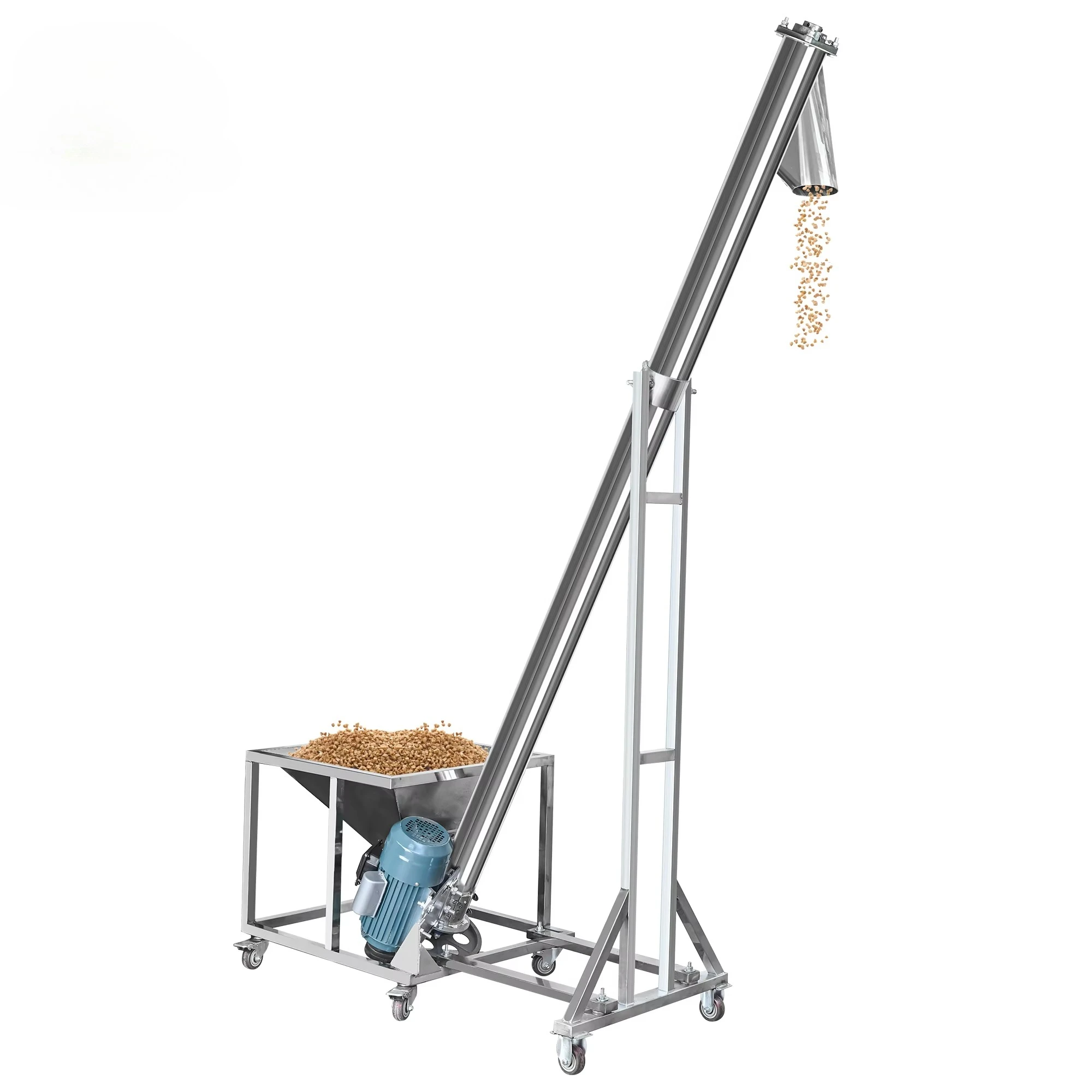 Mobile Stainless Steel Tubular Auger Screw Conveyor with Inclined Hopper Powder/Granule Spiral Feeder Elevating Machine