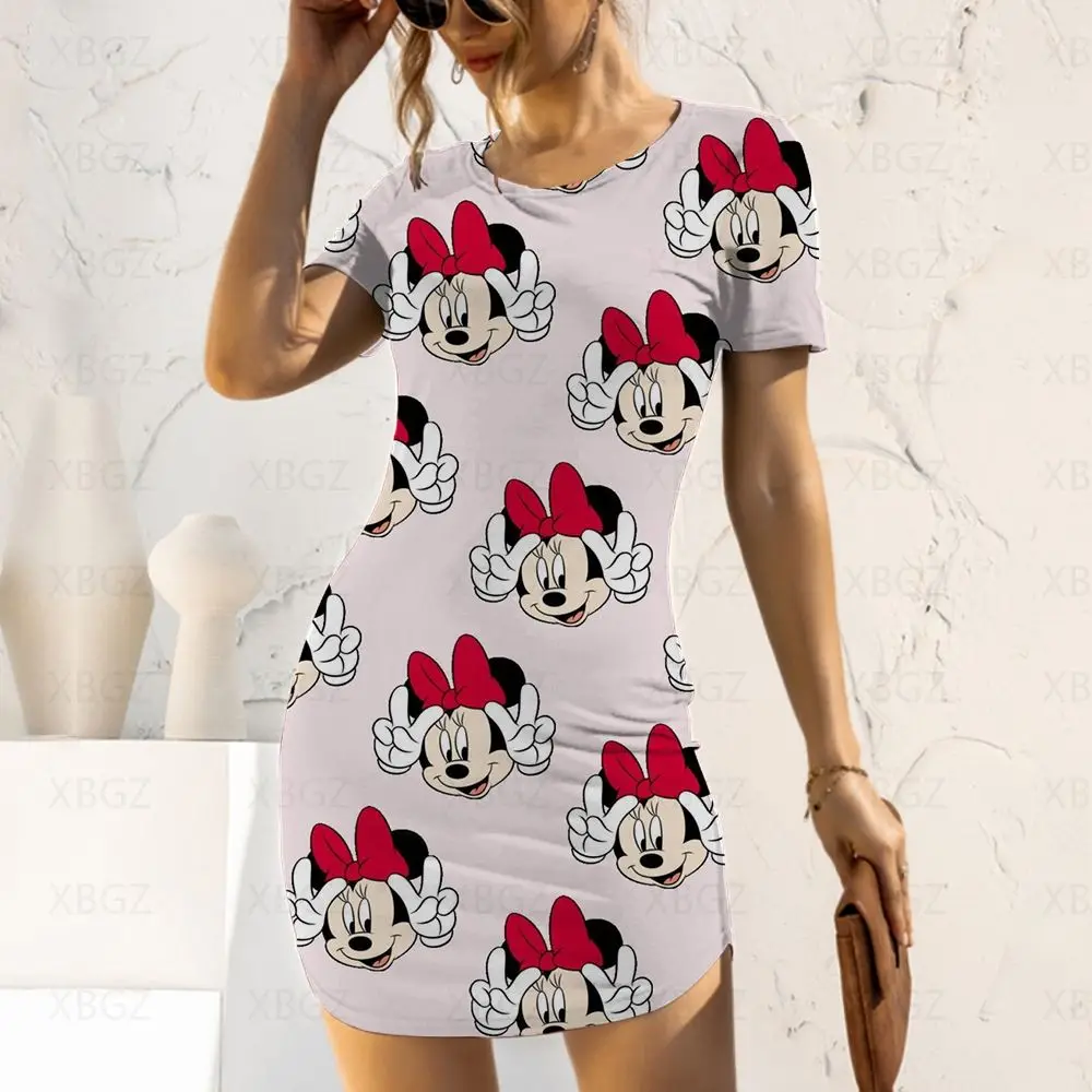 

Top Minnie Mouse Women's Dress Spring 2024 Slim Fit Party Dresses Mickey Summer Disney Woman Tight Print Fashion Sexy Cartoon 3D