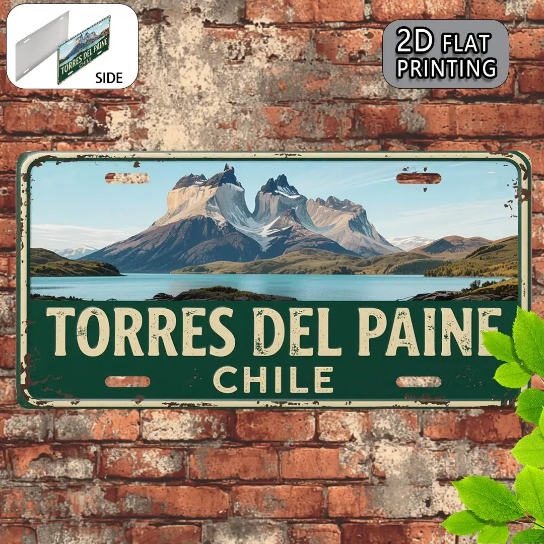 Placa de Matrícula Metálica Vintage 2D Plana de Torres del Paine - Decoración de Pared con Paisaje de Patagonia Chilena (12x6 Pulgadas / 30x15cm) - Hea