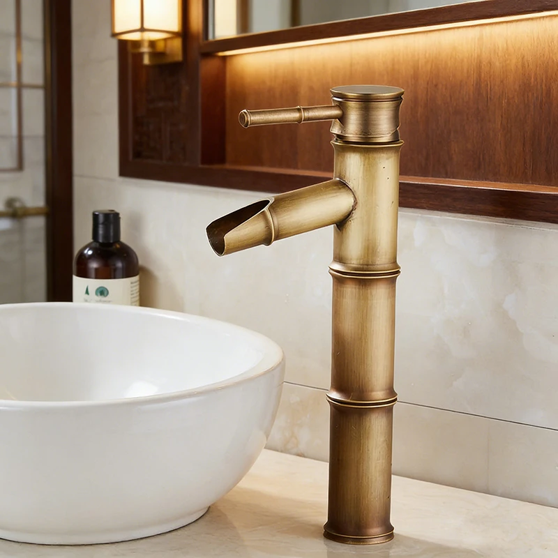 

Европейский антикварный смеситель для раковины в бамбуковом стиле - кран из цельной меди для умывальника, подача горячей и холодной воды