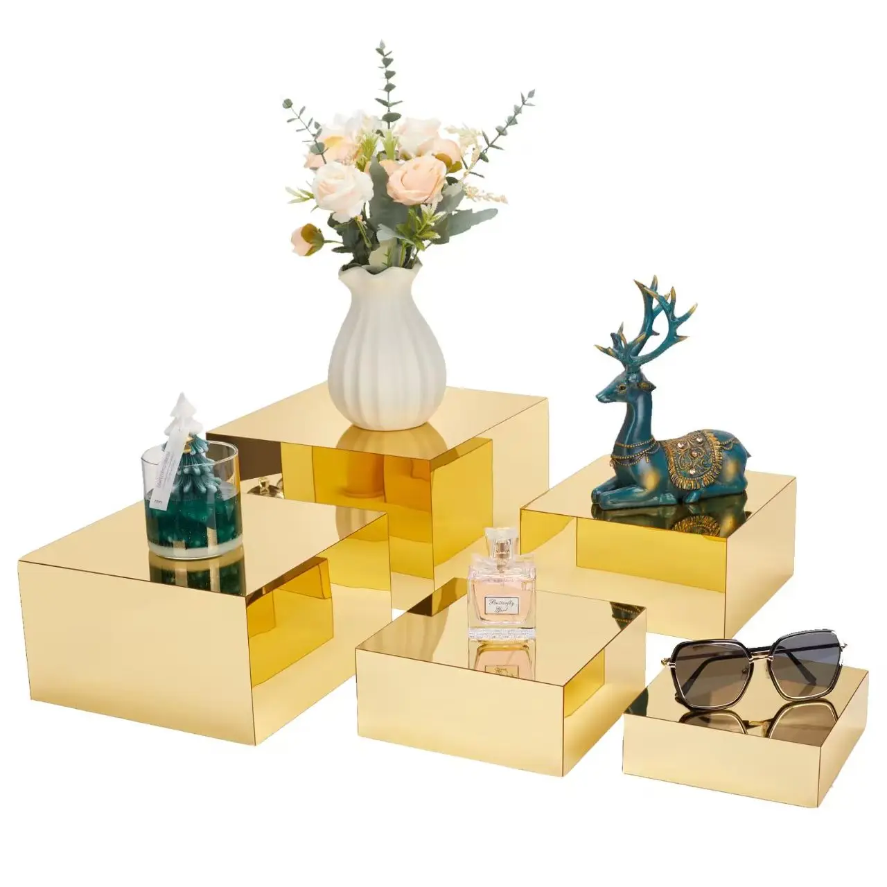 

Hot Sale Mirror Acrylic Cake Display Stand Acrylic Display Box Party Food Cosmetics Bag Display Stand