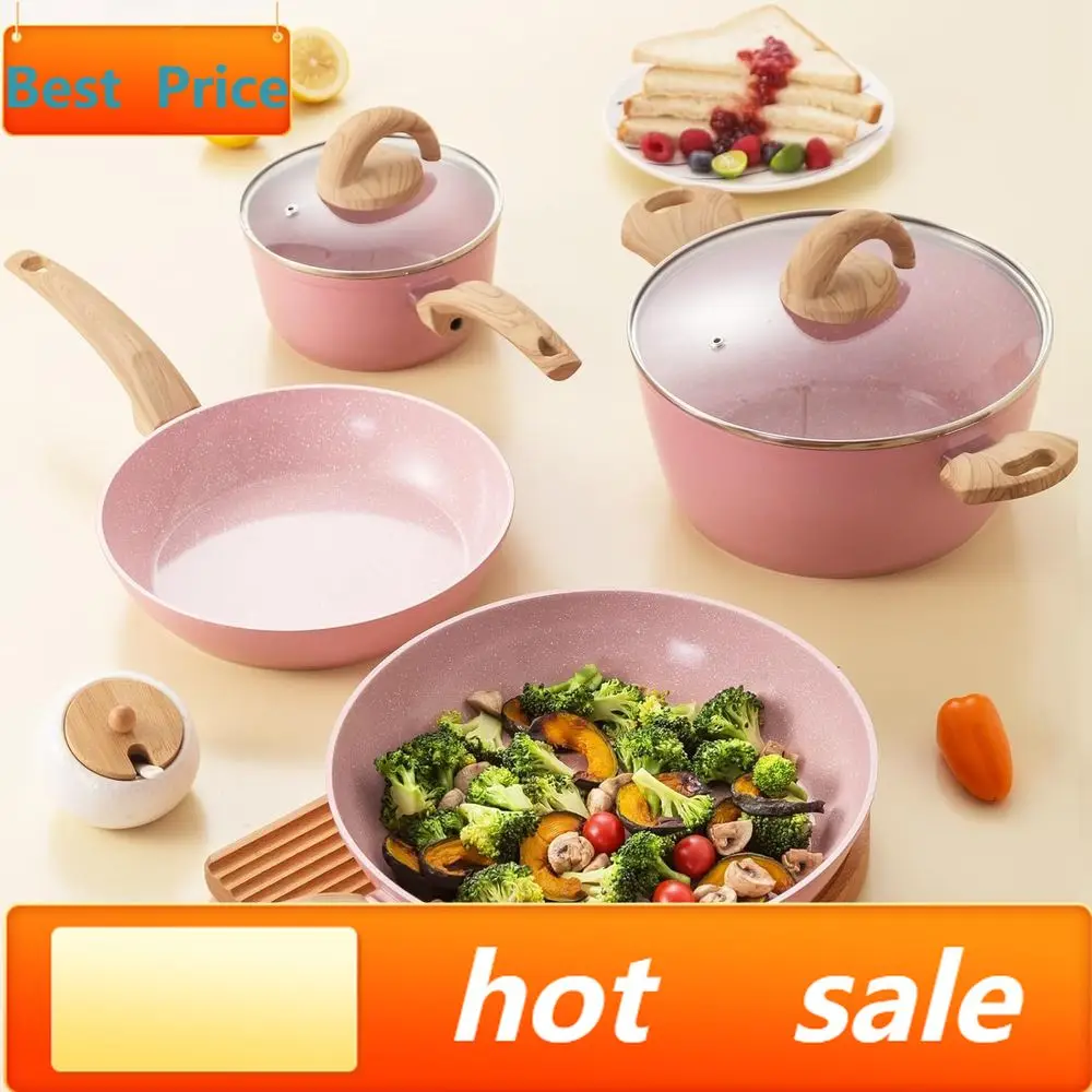 

Популярный 12-предметный набор посуды с антипригарным покрытием, включающий кастрюли, сковороды и кухонные принадлежности, розового цвета.