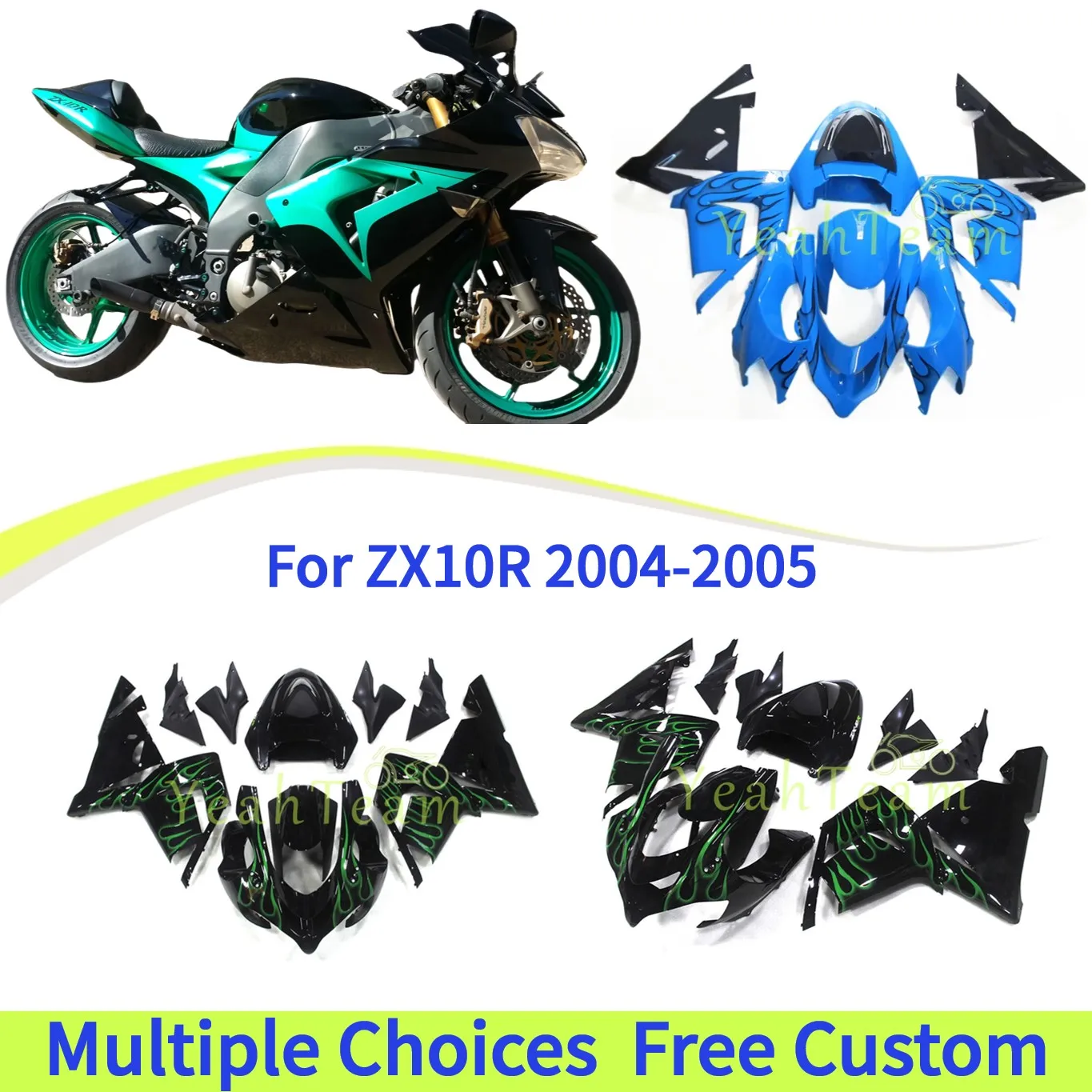 

Для Kawasaki ZX10R 2004 2005 Яркий черный и зеленый пламенный корпус ZX 10R Комплект обтекателя, пользовательские панели для ремонта кузова мотоцикла