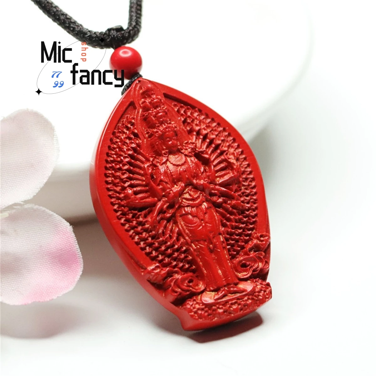 Natural Authentic Carving Thousand-handed Avalokitesvara Pendant Red Cinnabar Beads Necklace Simple Patron Saint Retro Style