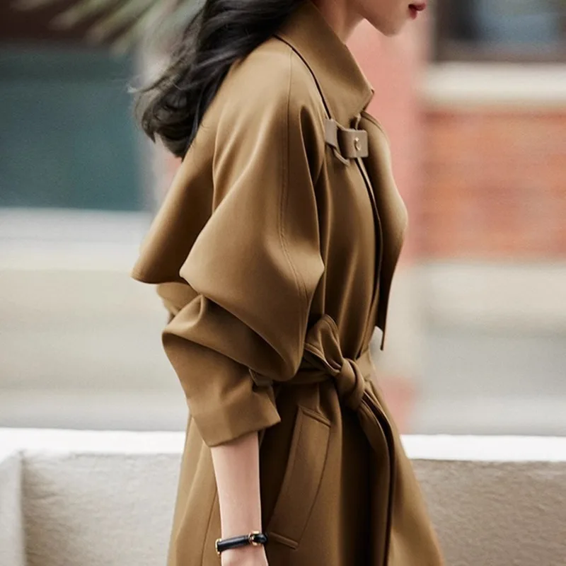 Solid Color Women's Long Coat Spring Autumn New Style Double Row Button Elegant British Style Women Windbreaker Jacket