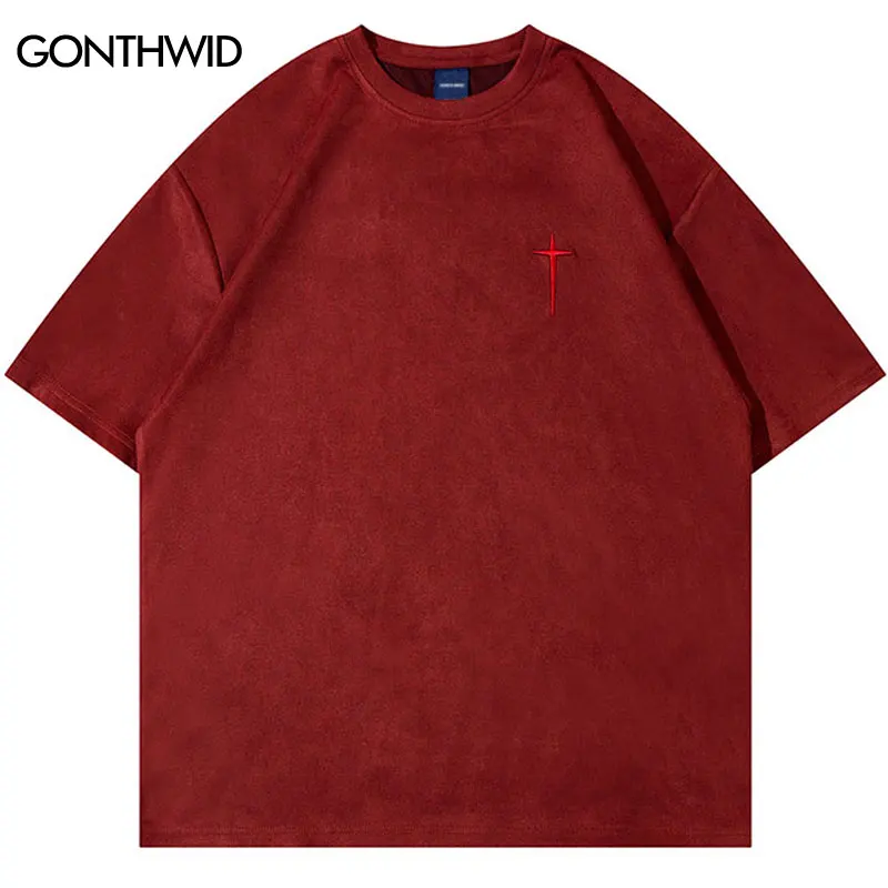 2023 Suede Tshirt Streetwear Hip Hop Embroidery Cross Letter Punk T Shirts Men Women Summer Harajuku Fashion Casual Tee Tops Red