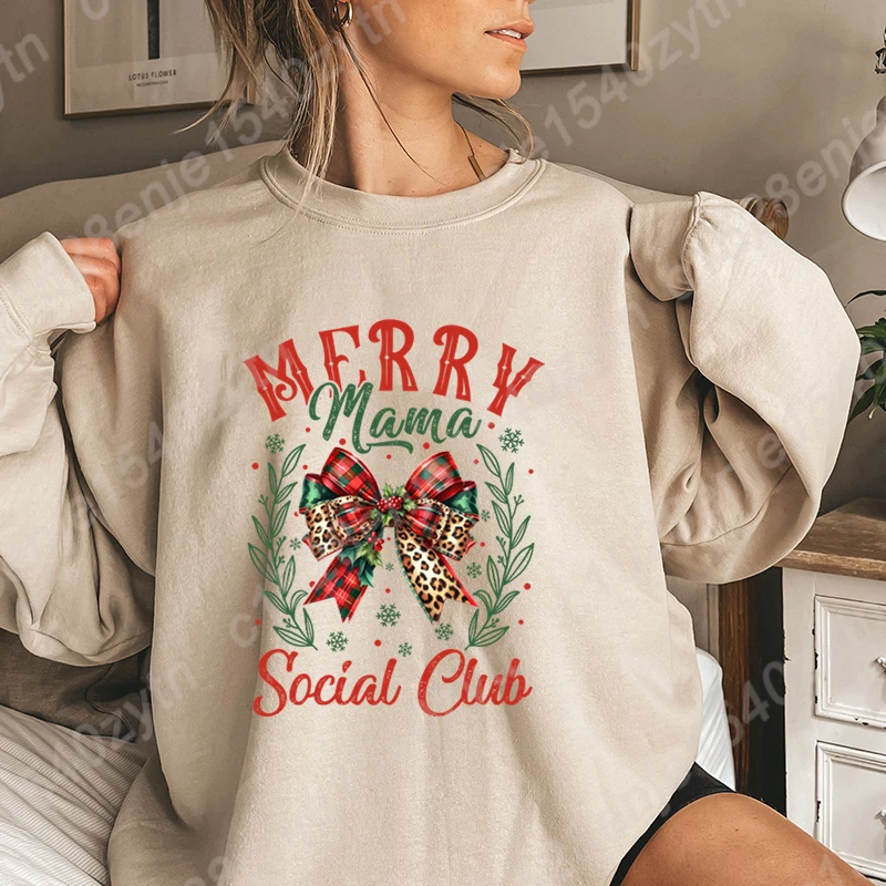 

Christmas Bow Merry Mama Social Club Print Pullovers Women Fashion Casual Hoodeless Sweatshirts Ladies Solid Color Oversize Tops