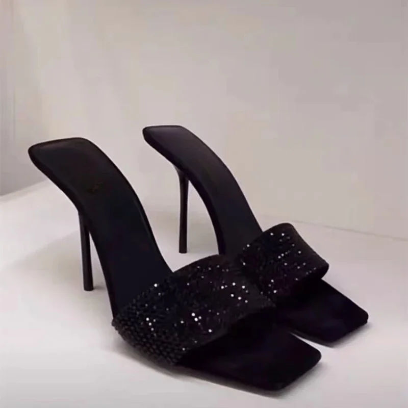 Summer  Yang Shulin Same Style Square Headed Black rhinestone with Sandals Slim Heels High Heel Sandals for Women