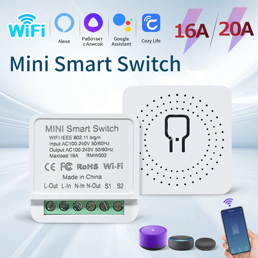 20A 16A Mini WiFi Smart Switch Cozylife App Remote Control Timer Support 2 Way Control Automation Module For Alexa Google Home