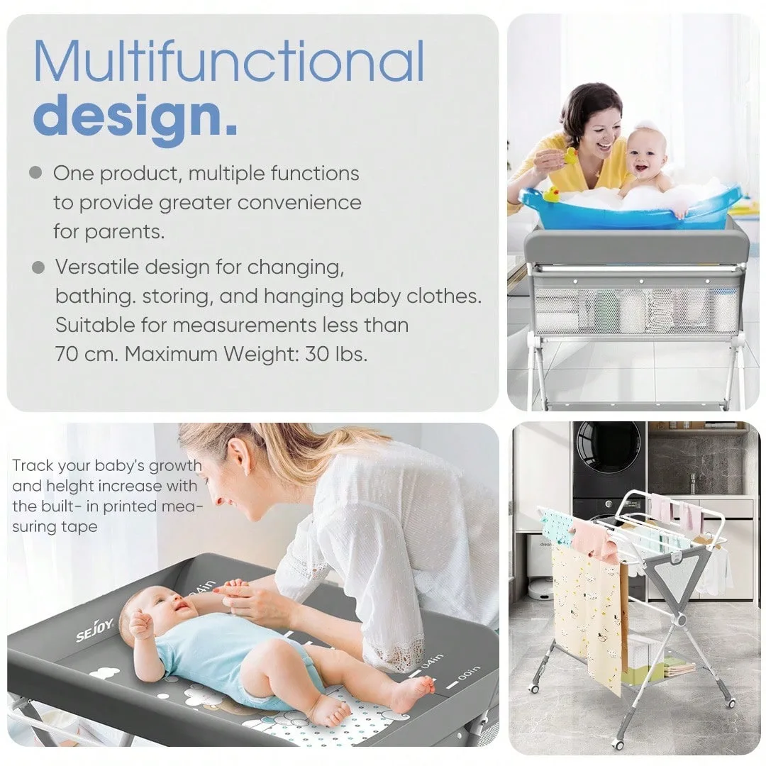 Sejoy 調節可能なベビーおむつ交換台 ロック可能なホイール付き 折りたたみ式スタンド 底部収納ボード付き 高めのフェンス