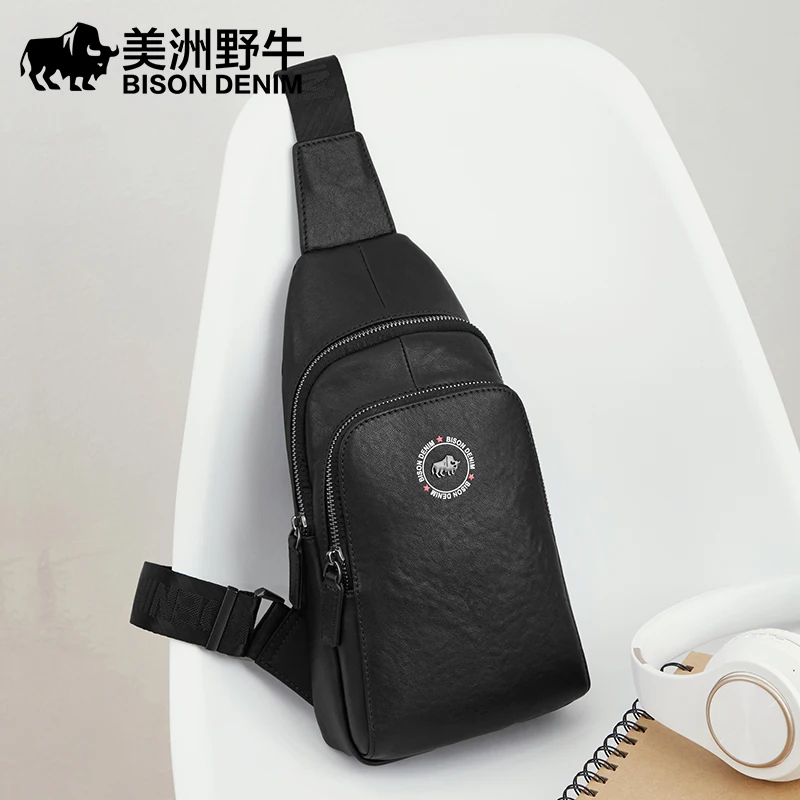 BISON DENIM Genuine Leather Men's Chest Pack Crossbody Bag Luxury Design Durable Handbag Vintage Leisure Shoudler Travel Purse