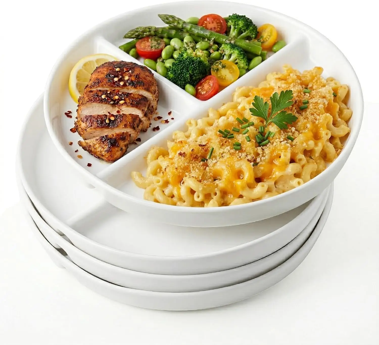 

10" Ceramic Divided Plates Set of 4 - Large 3 Compartment Portion Control for Balanced Meals, Microwave & Dishwasher Safe, White