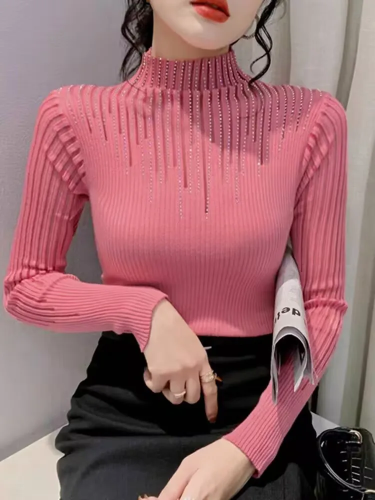Striped Diamond Set Female Autumn Winter Woman Pullover T-shirt High Quality Half Turtleneck Sweater Hollow Out Splicing image 4