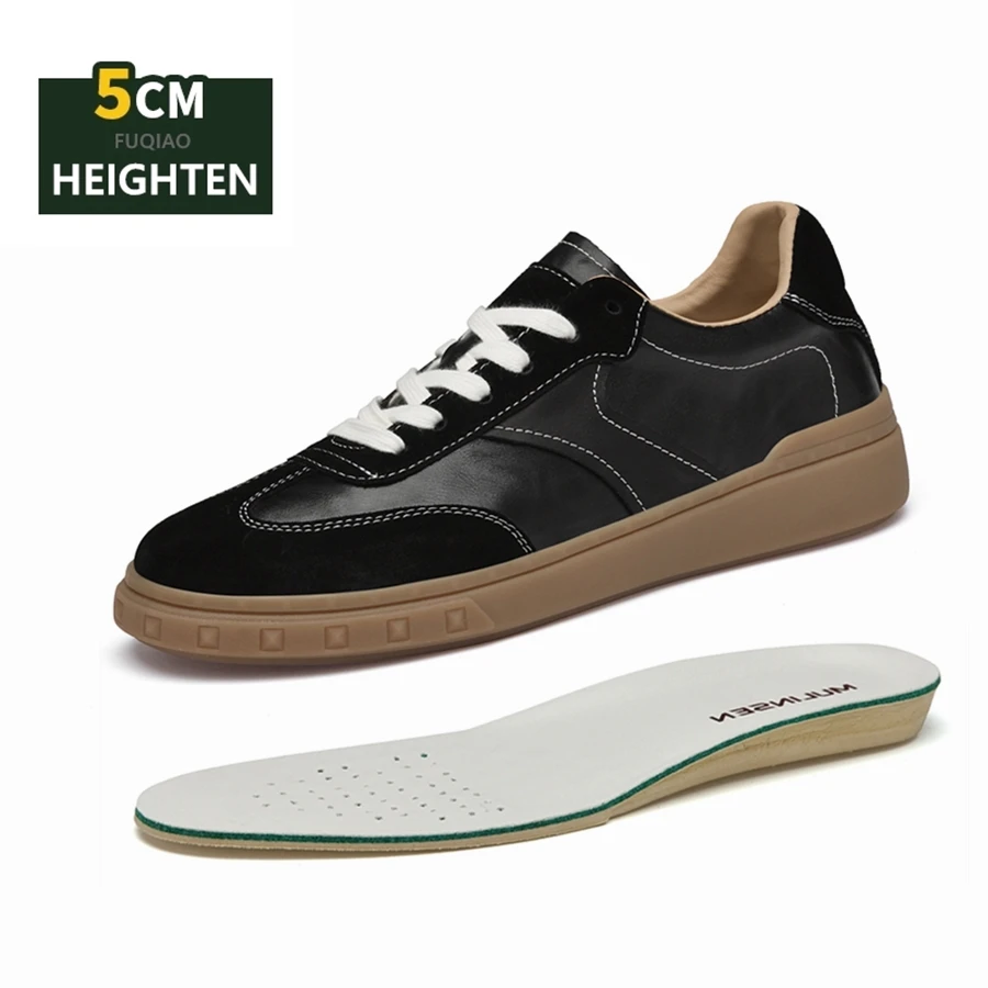 Real Leather Unisex Casual Height Increasing Sneakers Men Lace-Up Sports Shoes Comfort Breath Fashion Elevator Shoes for Women