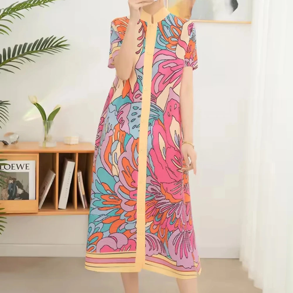 

2025 Pleated Dress Women Spring Summer Fashion Print Cardigan Stand Collar Single Breasted Large Size Women's Dress
