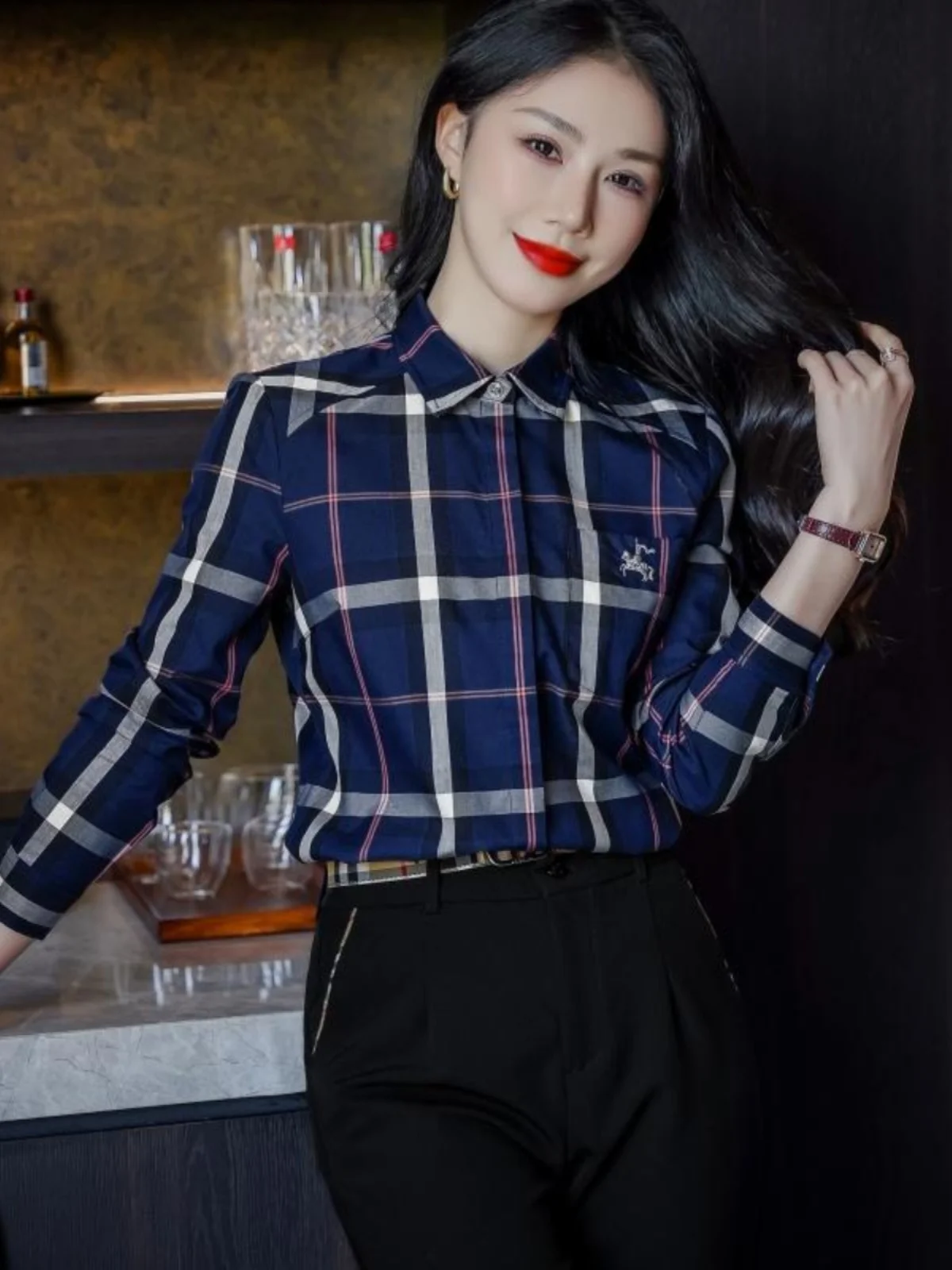 

Женская рубашка Ele Briti Sle, весенне-летняя, с клетчатым узором, облегающая, из смесового хлопка, с длинными рукавами, с воротником, повседневная рубашка