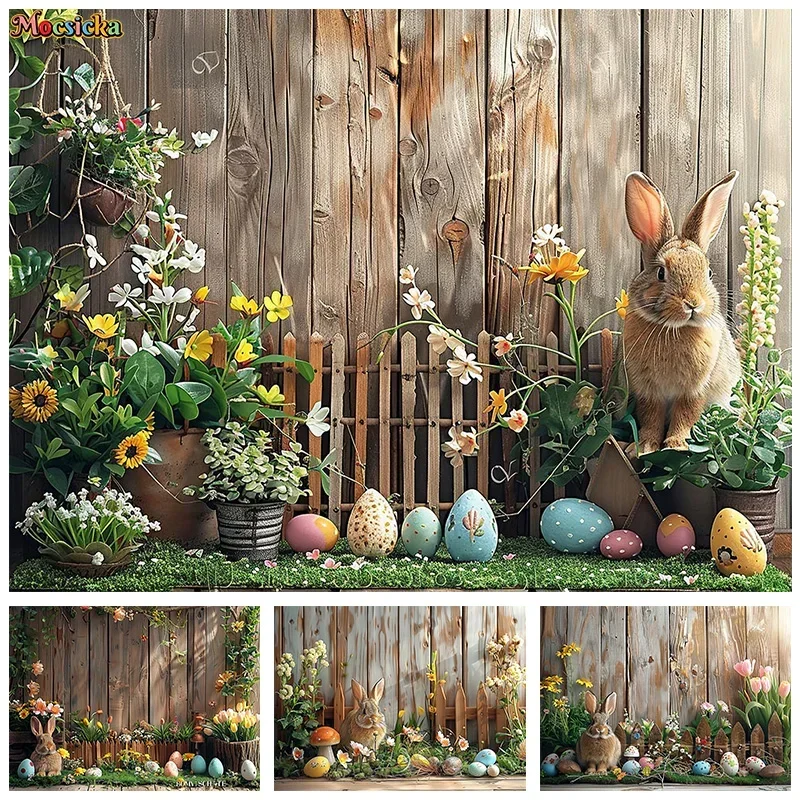 Mocsicka Spring Easter Party Photography Backdrop Happy Birthday Boardwalk Bunny Background Cake Smash Photo Banner Studio Props
