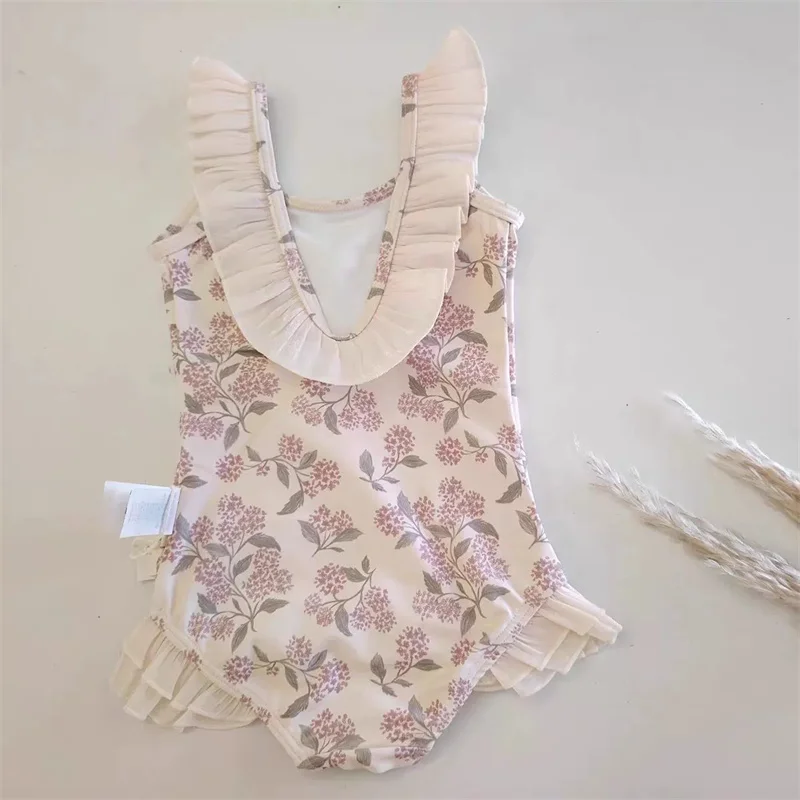 New Girls' Swimwear Summer Printed One-Piece Swimsuit Children's Sweet Casual Bikini Kids Sleeveless Sunny Beachwear Baby Clothe