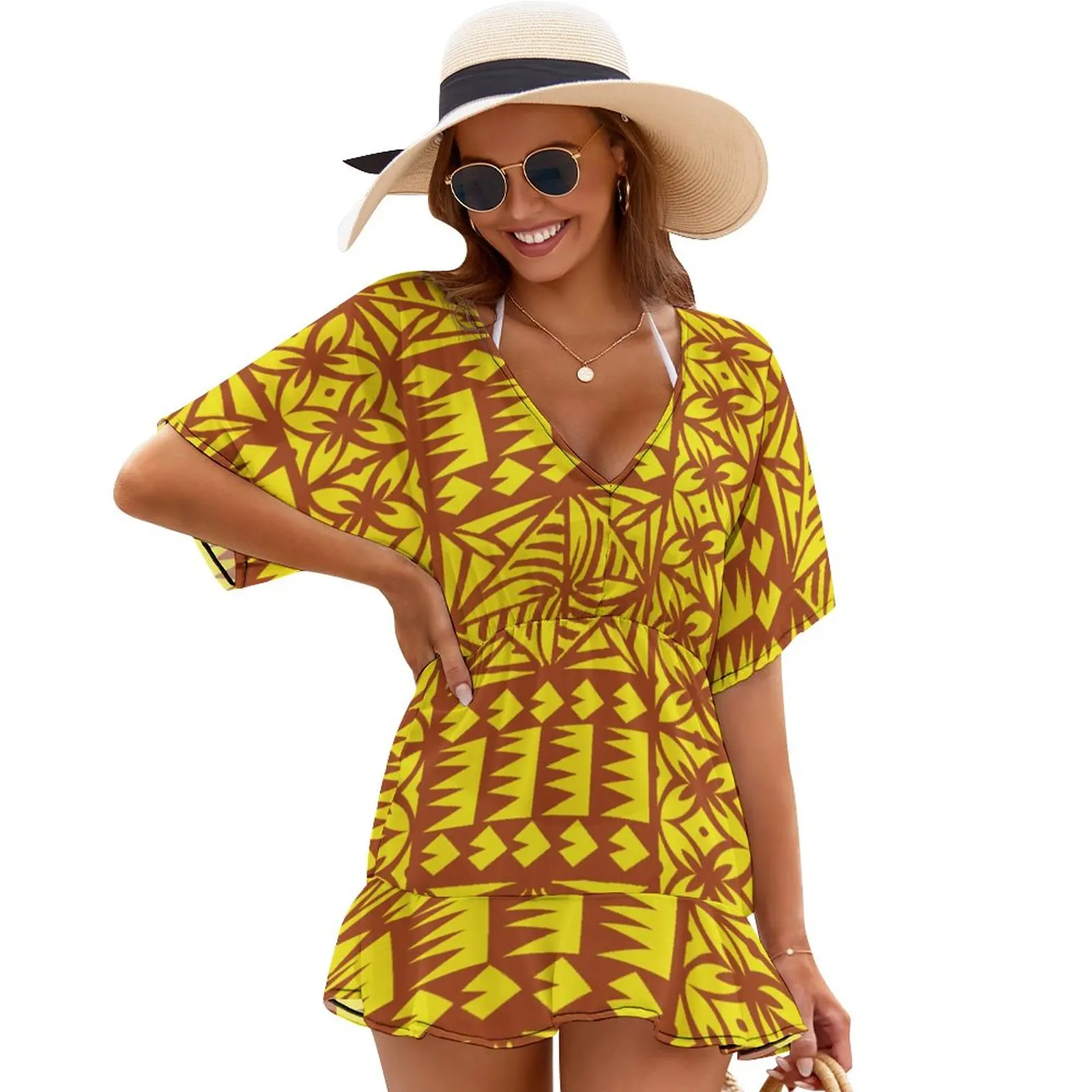 

Sarong Ladies Seaside Elegant Smock Style Summer Short Sleeve Holiday Beach Sarong Smock Dress Ladies Polynesian Custom